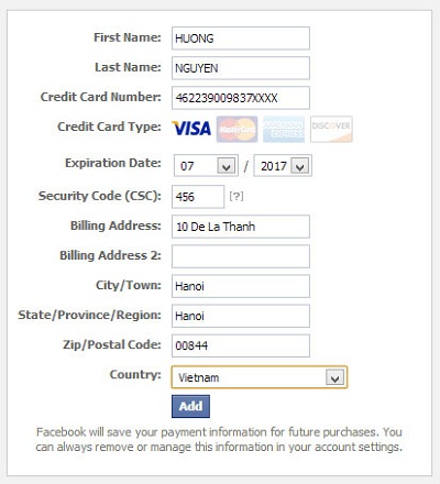 Hướng dẫn thêm visa vào quảng cáo facebook